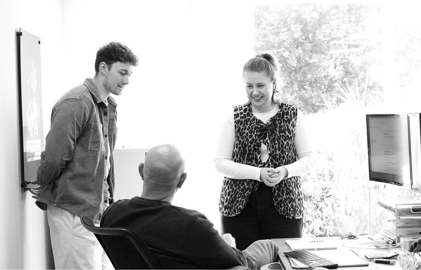 A conversation with the Marketing team. From left to right: Aaron, Ian, Ashleigh.